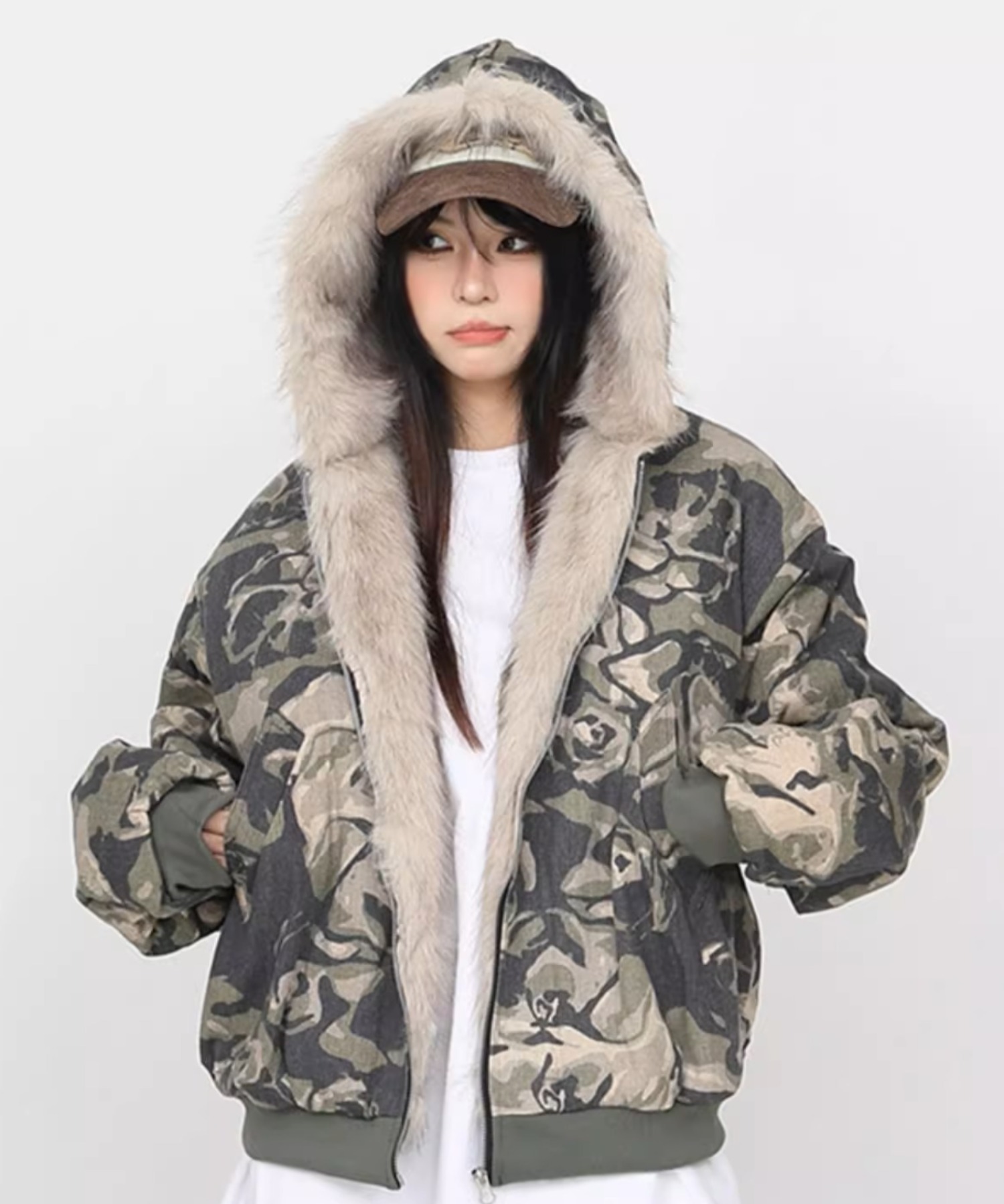 y2k 平成ギャル　ミリタリー　ダメージ加工　ボア　カーキ　ビッグフード A'GEM/9 × .kom 『ARULE/アルール』ファー付きカモジャンパー ARULE│A