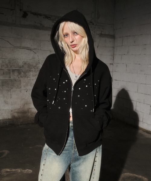 A'GEM/9 × .kom «MIDNIGHT MOVE» eyelet hood zip up — худи‑куртка на молнии с айлетами