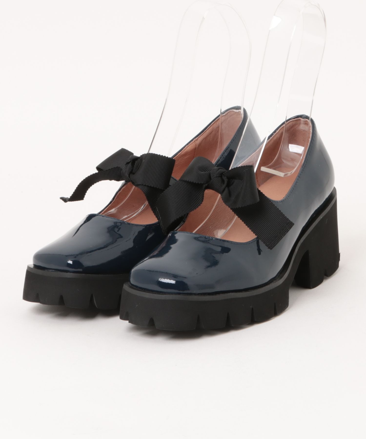本革/軽量/275g/太ヒール/6cm】リボンパンプス ALL BLACK│Jeffrey