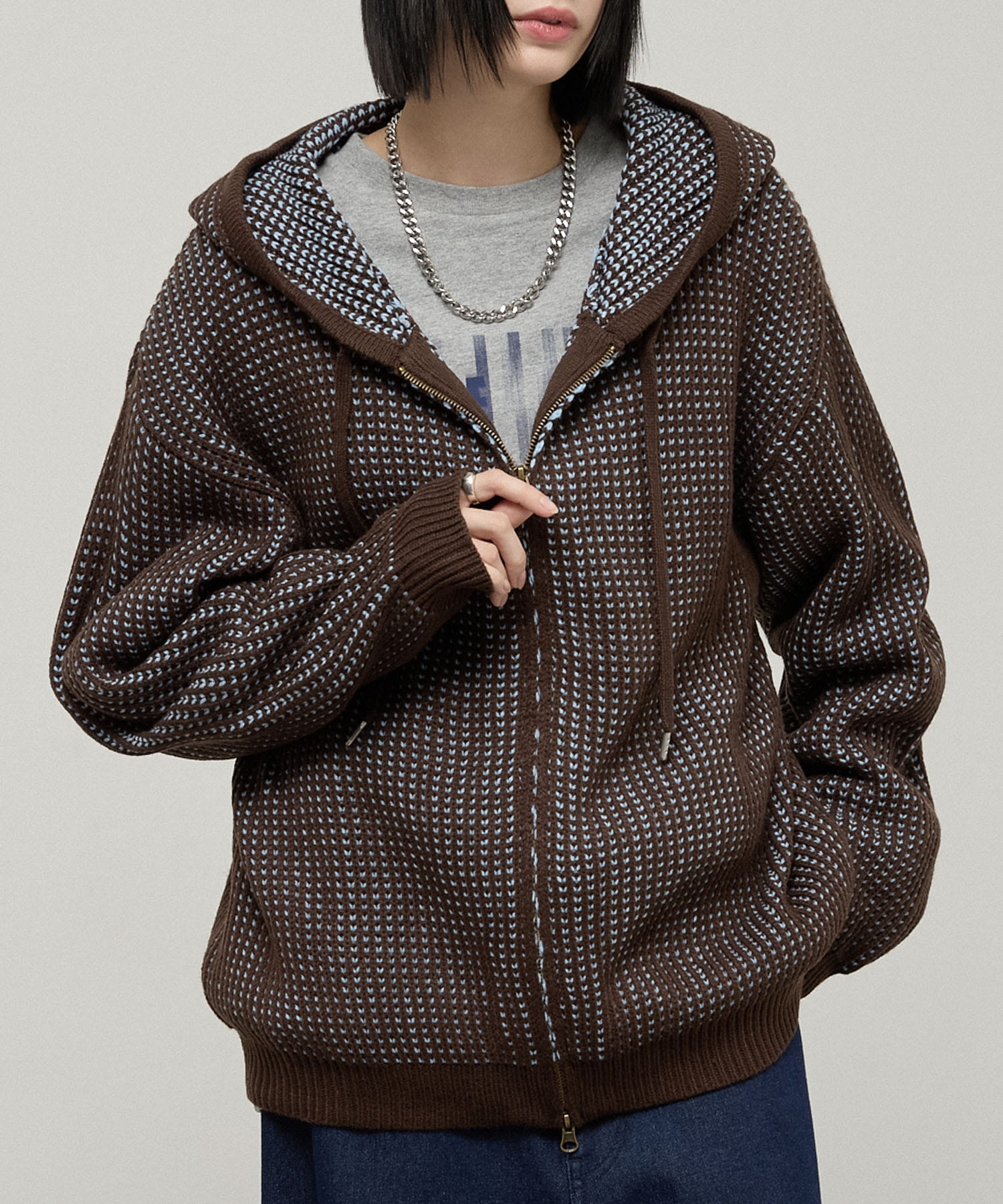 Alfred Alex】Double Zip Knit Hoodie / ルーズシルエット ダブル