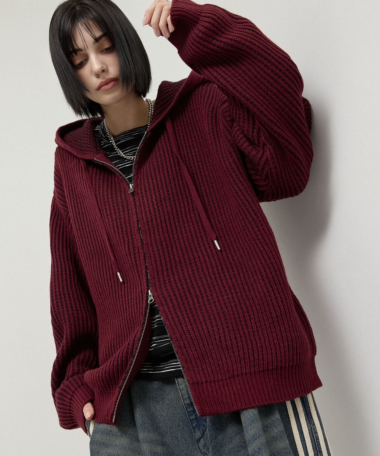 Alfred Alex】Double Zip Knit Hoodie / ルーズシルエット ダブル