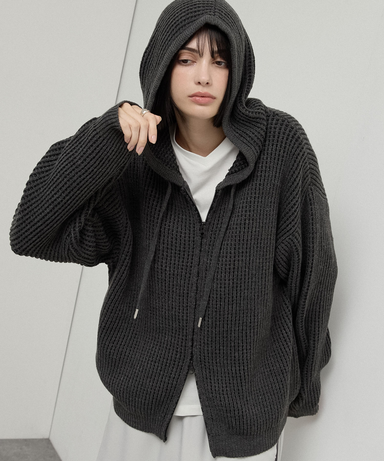 Alfred Alex】Double Zip Knit Hoodie / ルーズシルエット ダブル