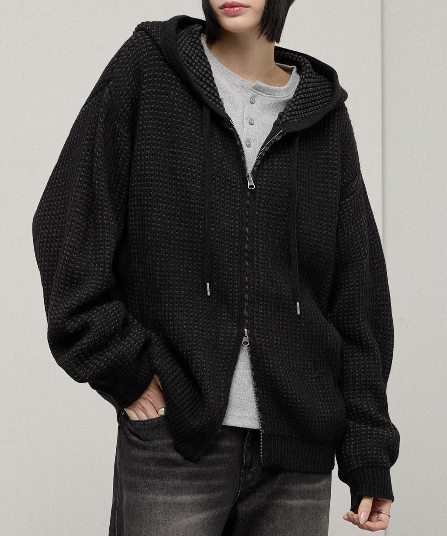 Alfred Alex】Double Zip Knit Hoodie / ルーズシルエット ダブル