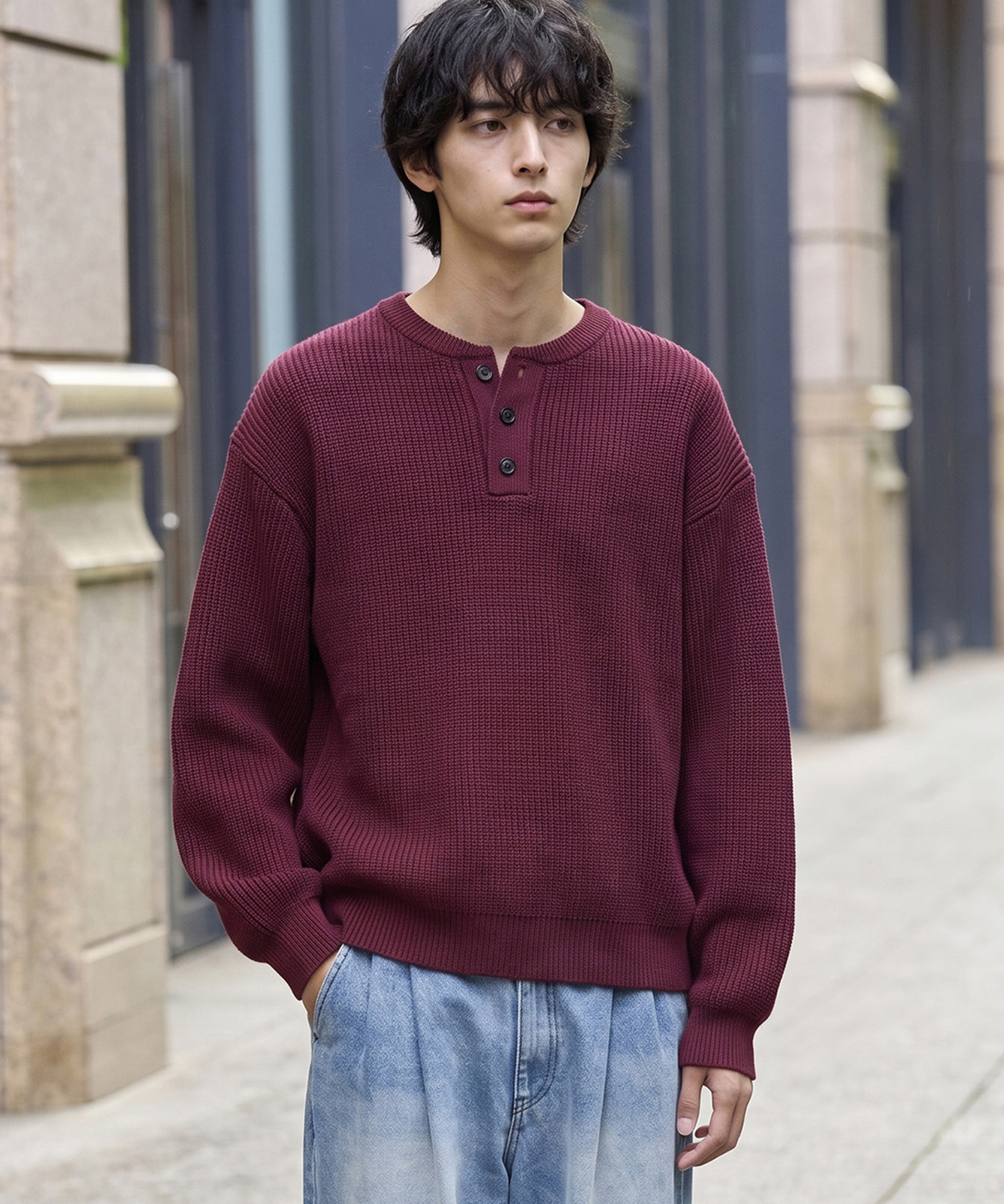 HECT】Bulky Relax Fit Henley Neck Knit / バルキー リラックス