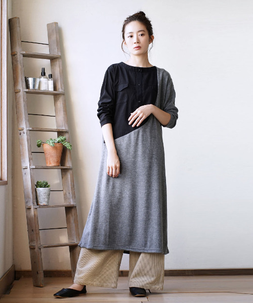 おしゃれ フェイクスウェード ニット シャツリメイク風ワンピース