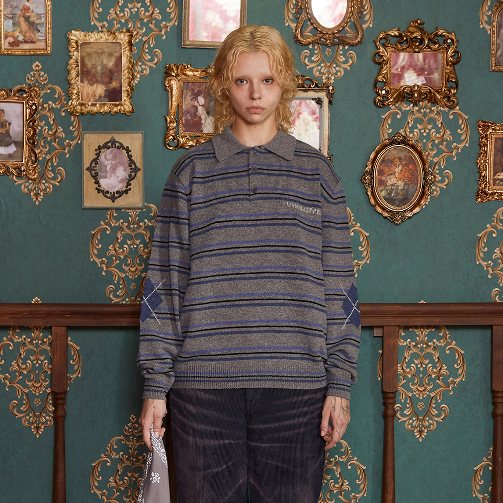 Stripeロゴニットポロシャツ — вязаное поло/грей