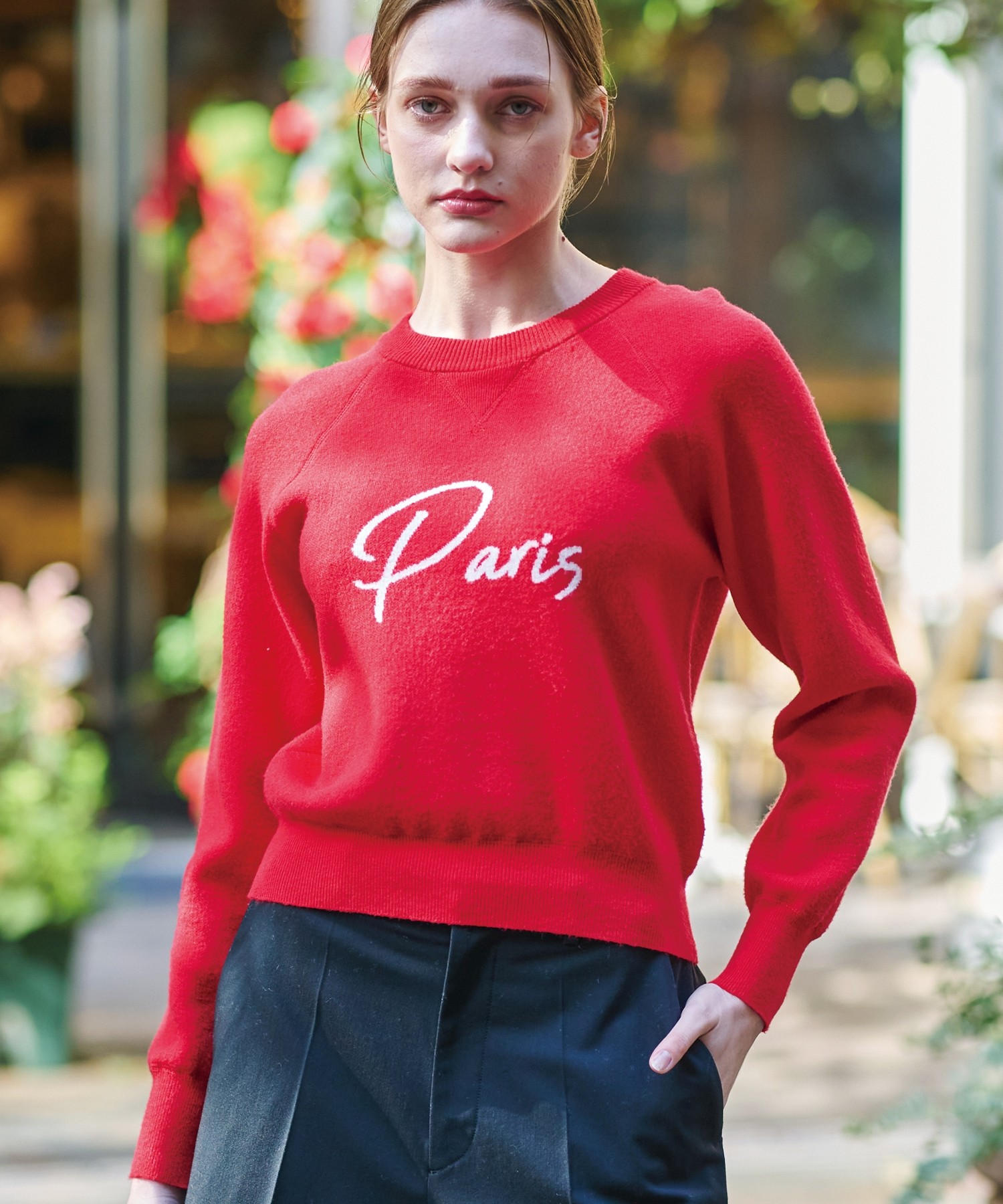 大人百花冬号掲載 モデル美香さん着用】ダブルジャカードロゴニット