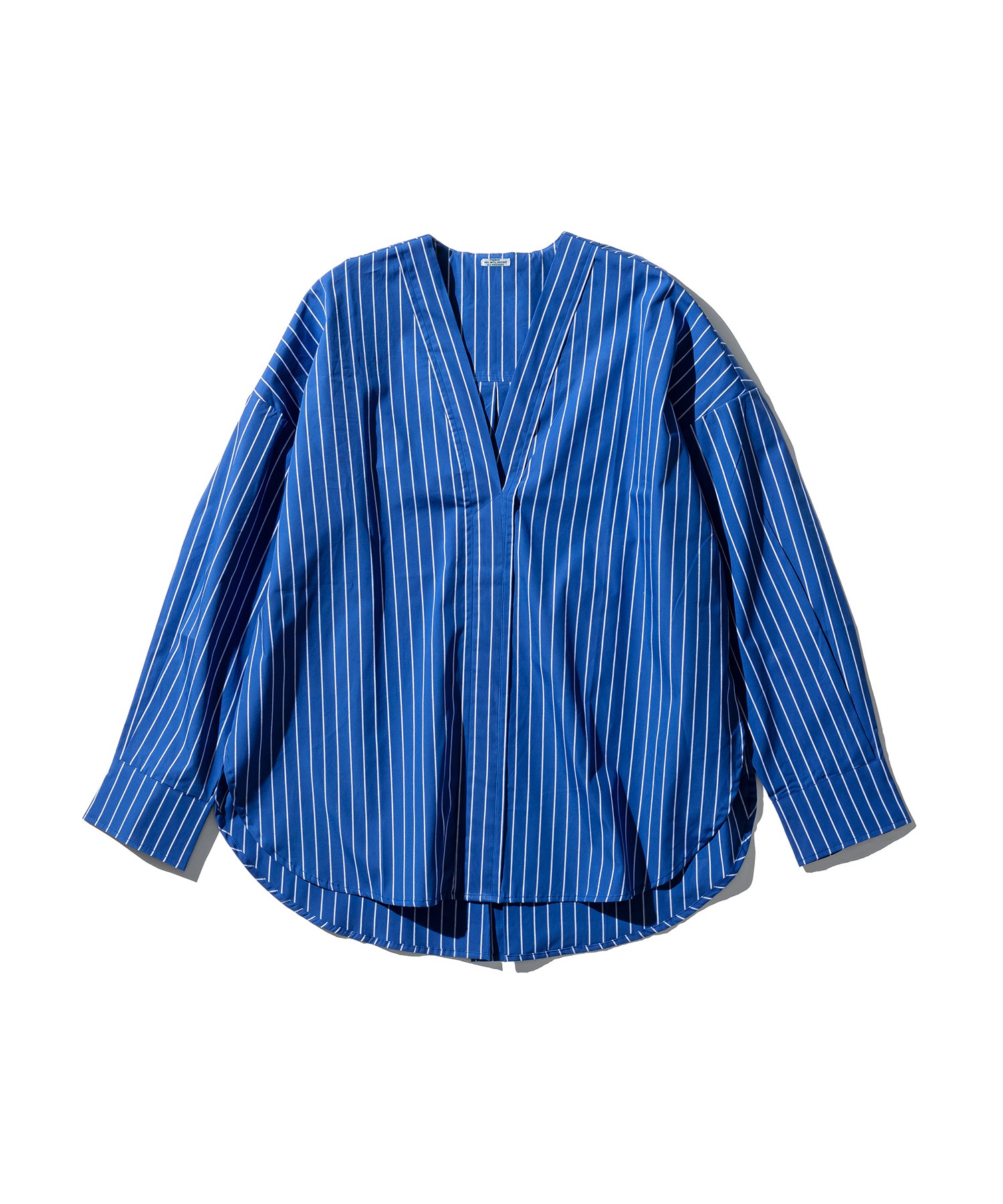 COTTON STRIPE SHIRT / V-NECK Blue M — хлопковая полосатая рубашка, V-образный вырез, синий, M