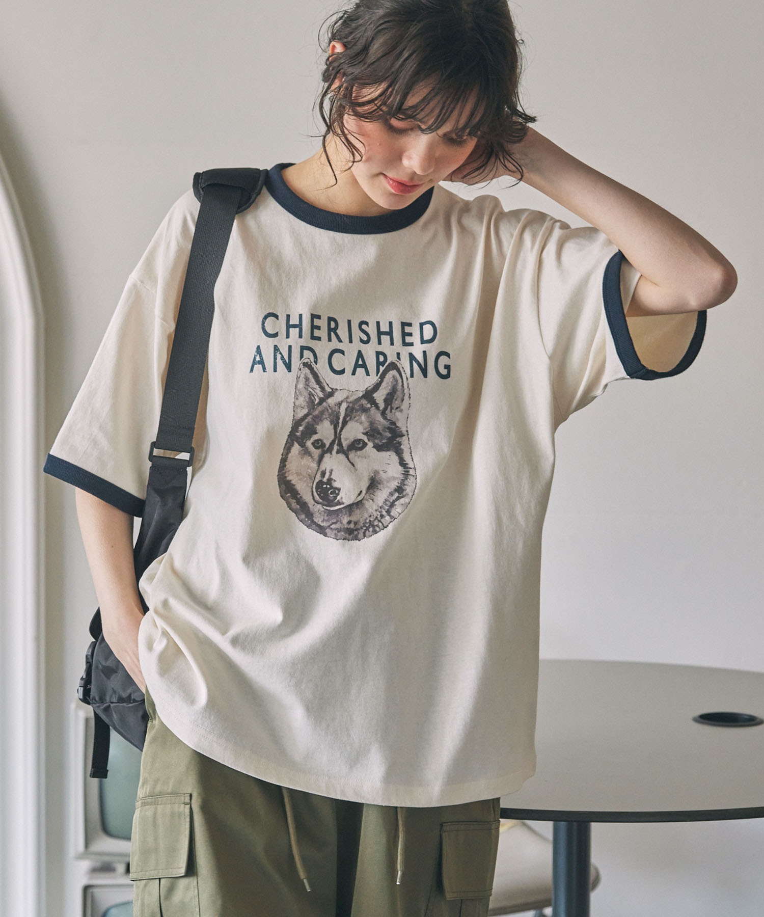 CAT&DOG アニマル グラフィック プリント 半袖 リンガーTシャツ