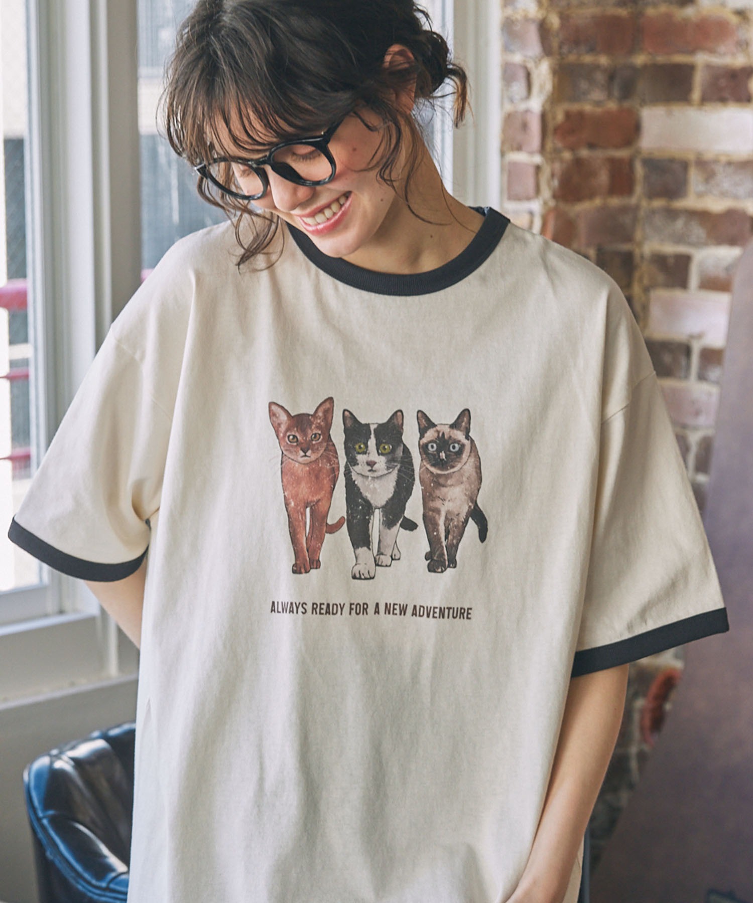 CAT&DOG アニマル グラフィック プリント 半袖 リンガーTシャツ MONO