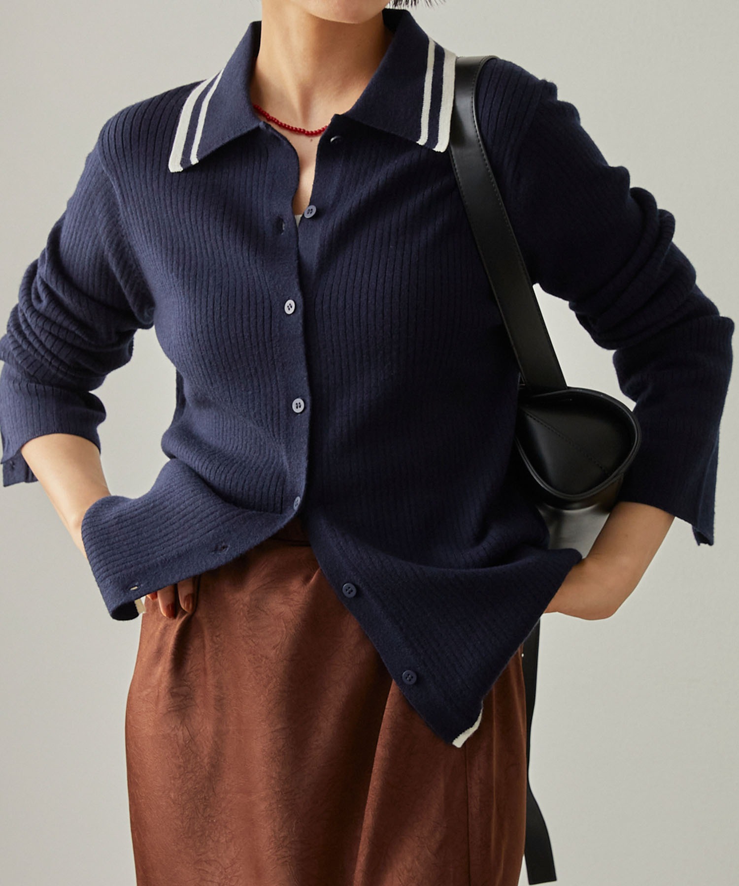 マシンウォッシャブル/アンチピリング＞配色ライン ソフトリブニット