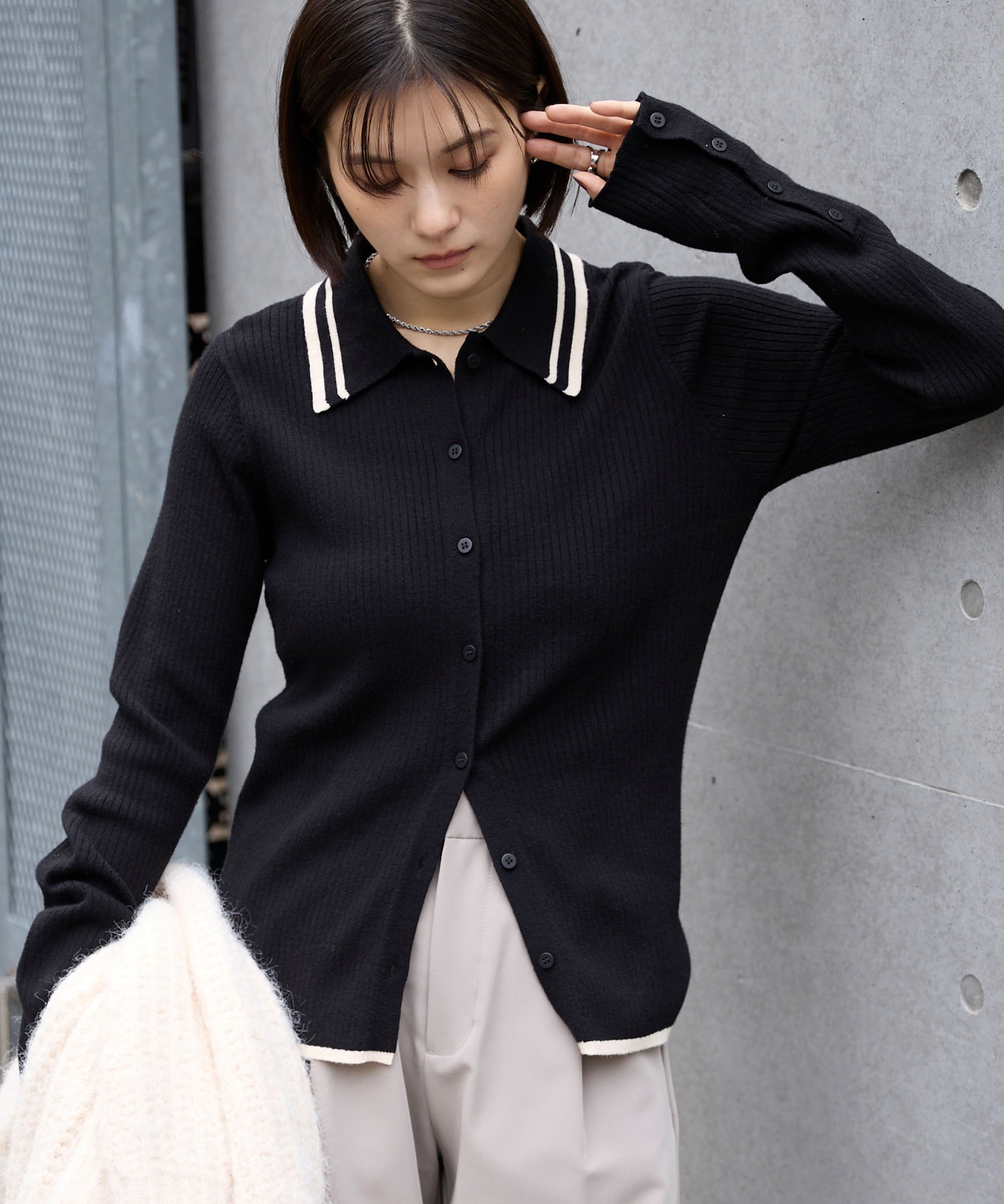 マシンウォッシャブル/アンチピリング＞配色ライン ソフトリブニット