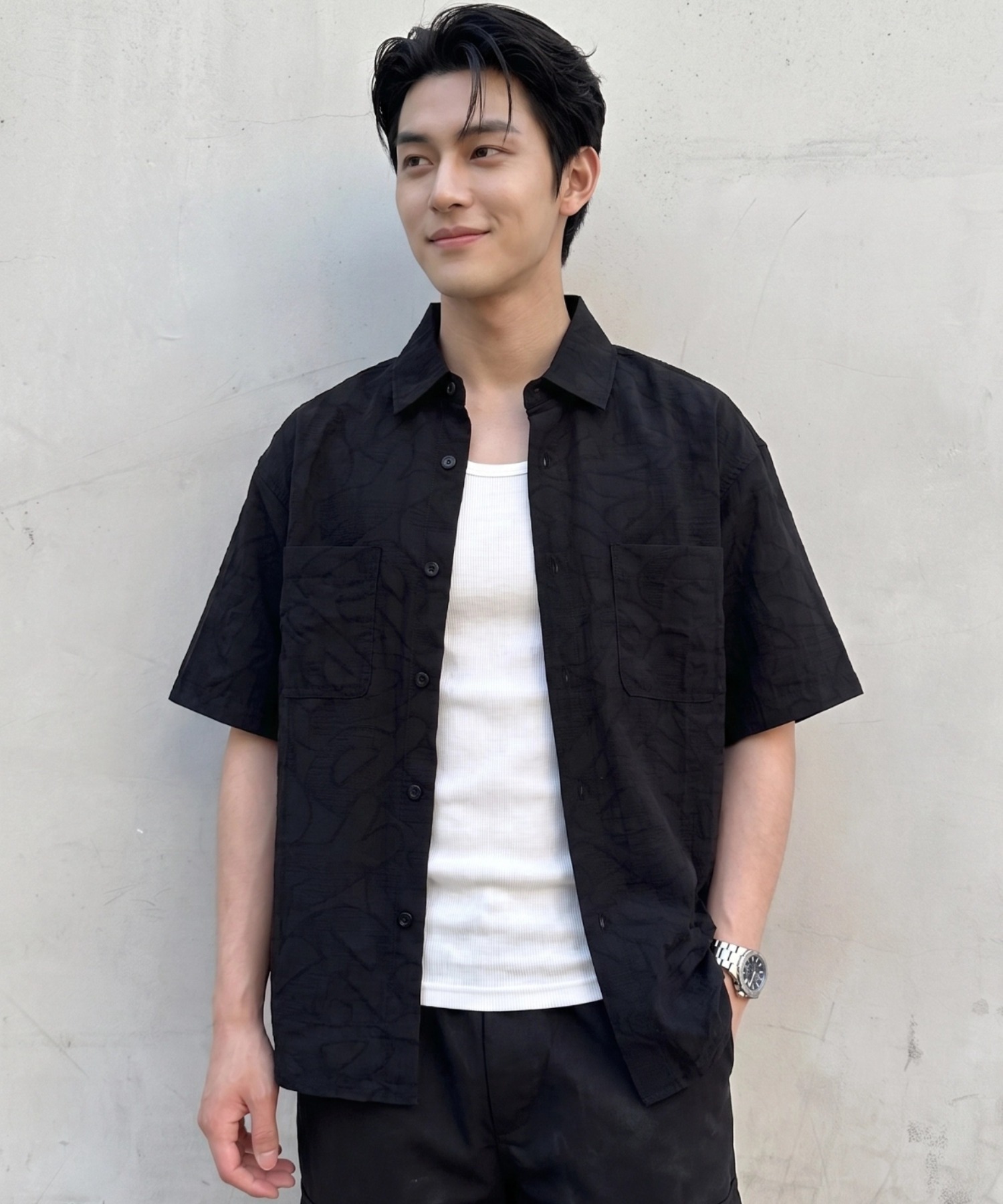 【美品】ACUOD by CHANU 半袖シャツ　ブラック A'GEM/9 × .kom 『BENUSTA/ベヌスタ 』JACQUARD PATTERN SHORT SLEEVE