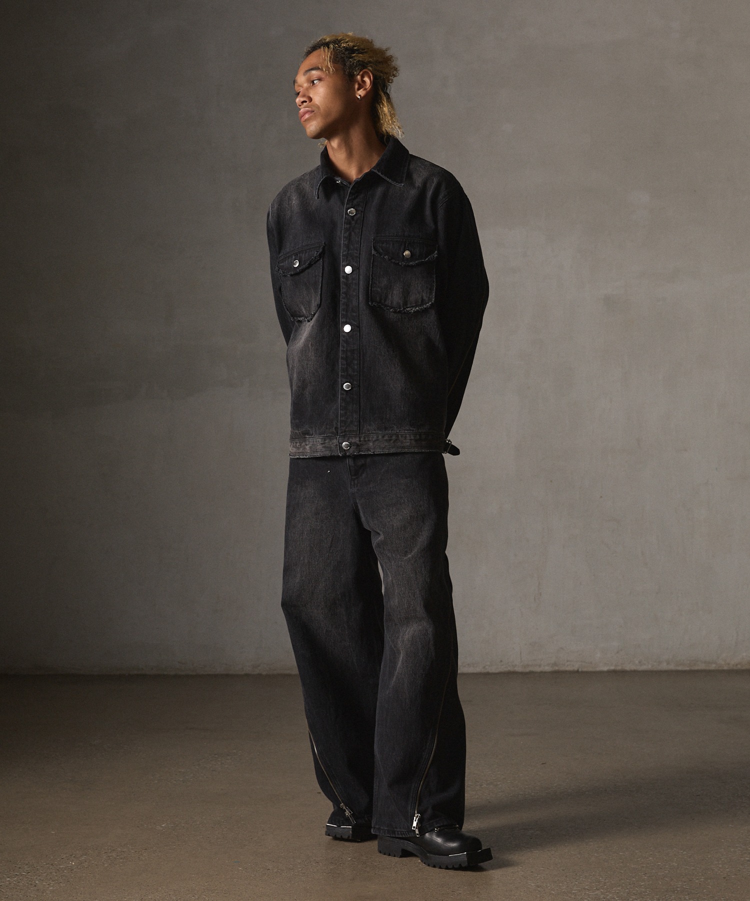 GRANCY ジップデザイン デニムシャツ ジャケット ブラック Mサイズ