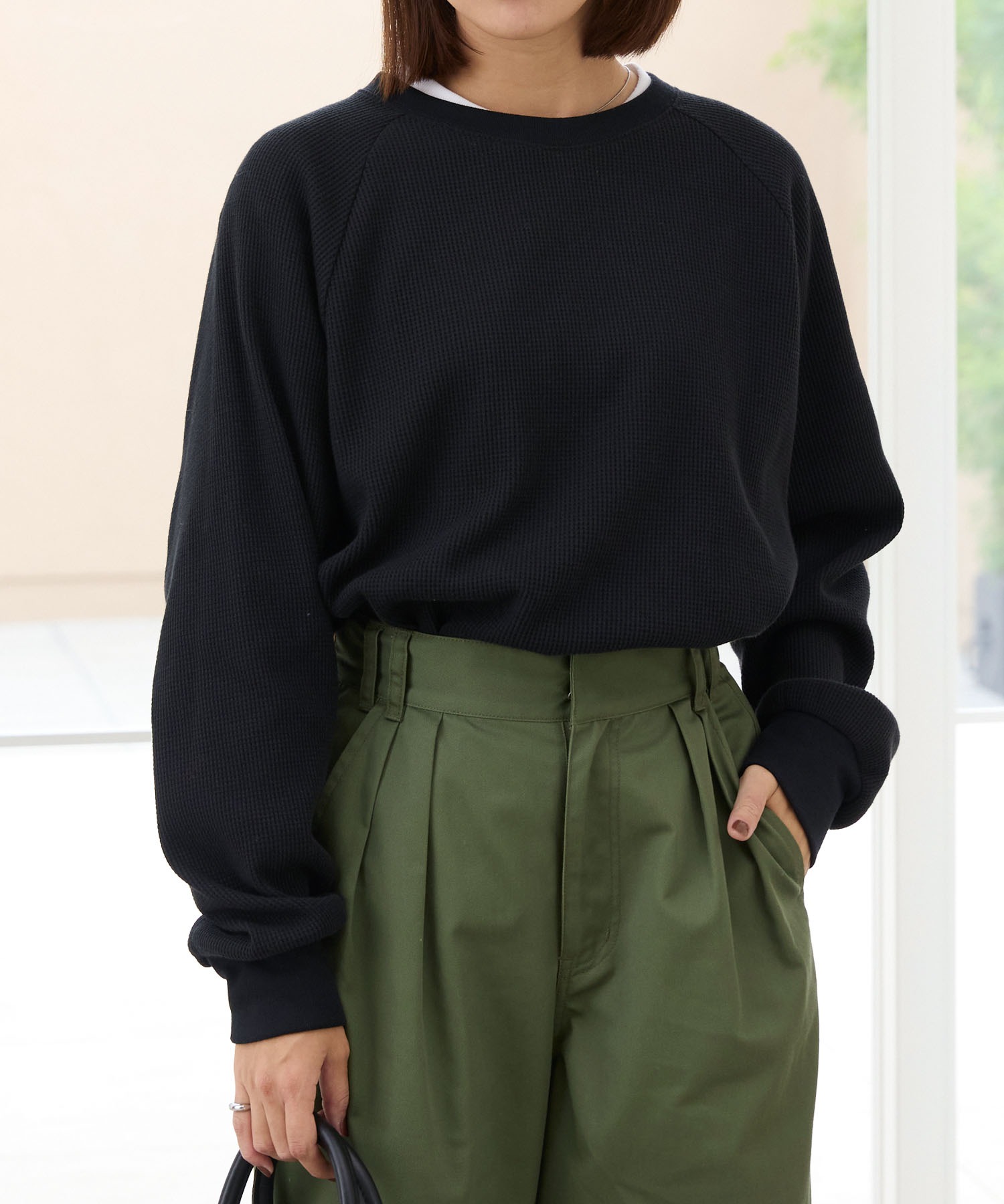 ラグランスリーブリンガーワッフルロングスリーブTシャツ＜抗菌防臭