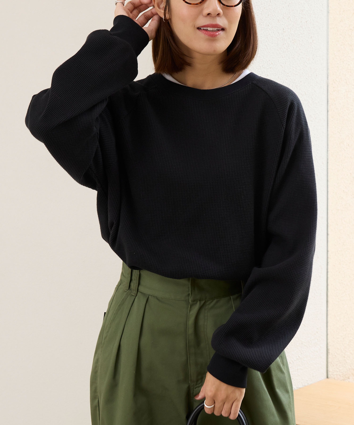 ラグランスリーブリンガーワッフルロングスリーブTシャツ＜抗菌防臭