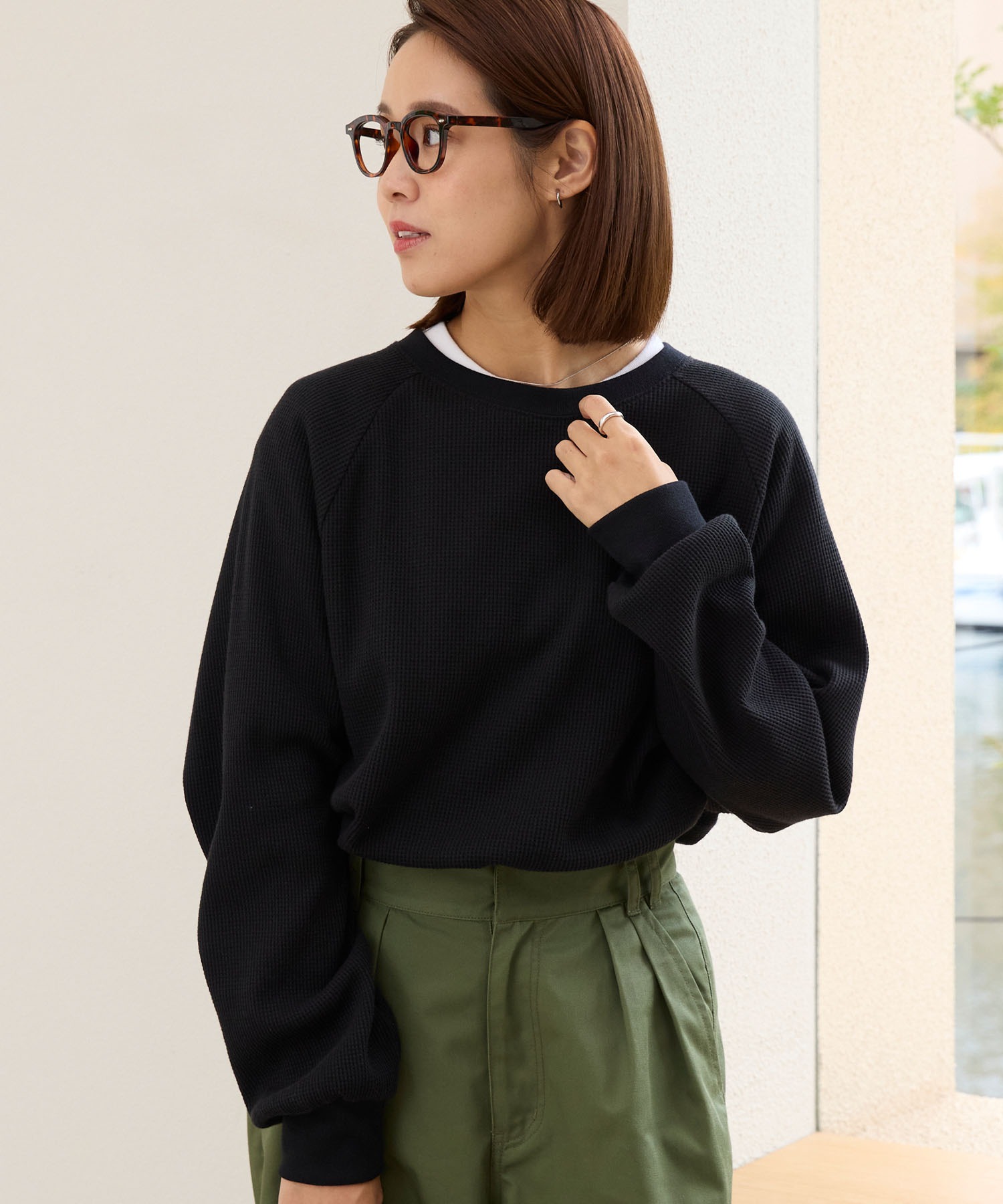 ラグランスリーブリンガーワッフルロングスリーブTシャツ＜抗菌防臭