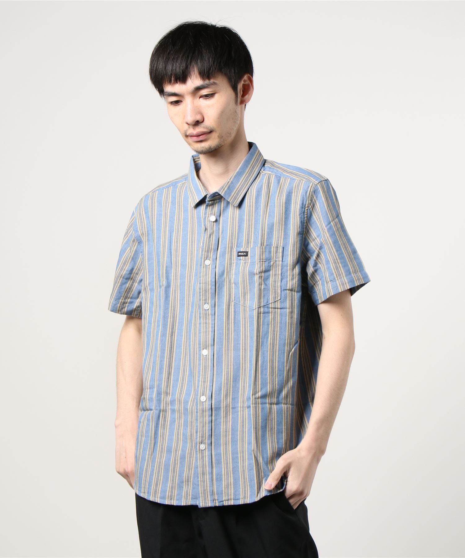 直営店限定 Rvca メンズ 本日の目玉 Harbour Stripe 21年夏モデル ショートスリーブシャツ Ss ルーカ半袖ストライプシャツ