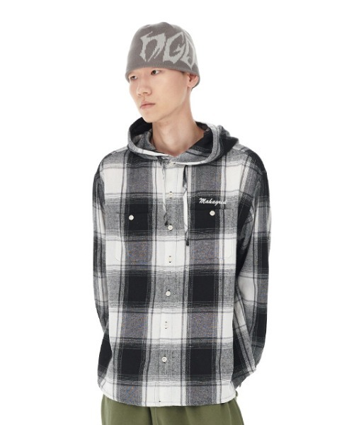 mahagrid/マハグリッド』HOODED OMBRE CHECK SHIRT/フード付き