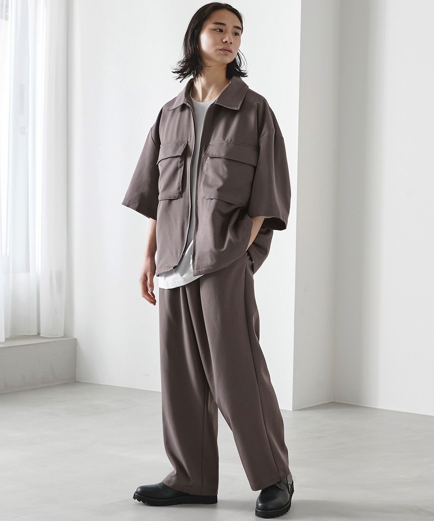 セットアップ】TRストレッチ オーバーサイズ ビックポケット ジップシャツ(1/2 sleeve) ＆ タックワイドパンツ  MONO-MART│MONO-MART [モノマート] 公式オンラインストア