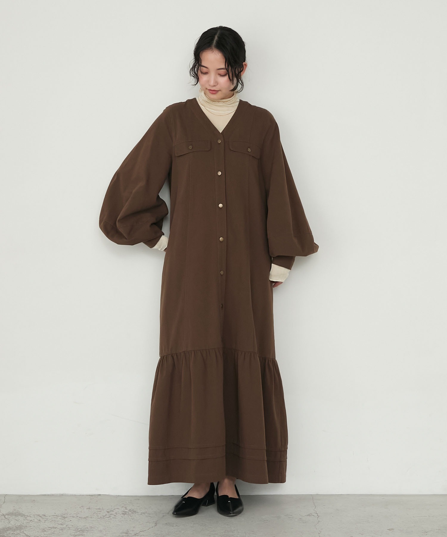 forksy.】ボリュームスリーブVネックティアードデニムワンピース