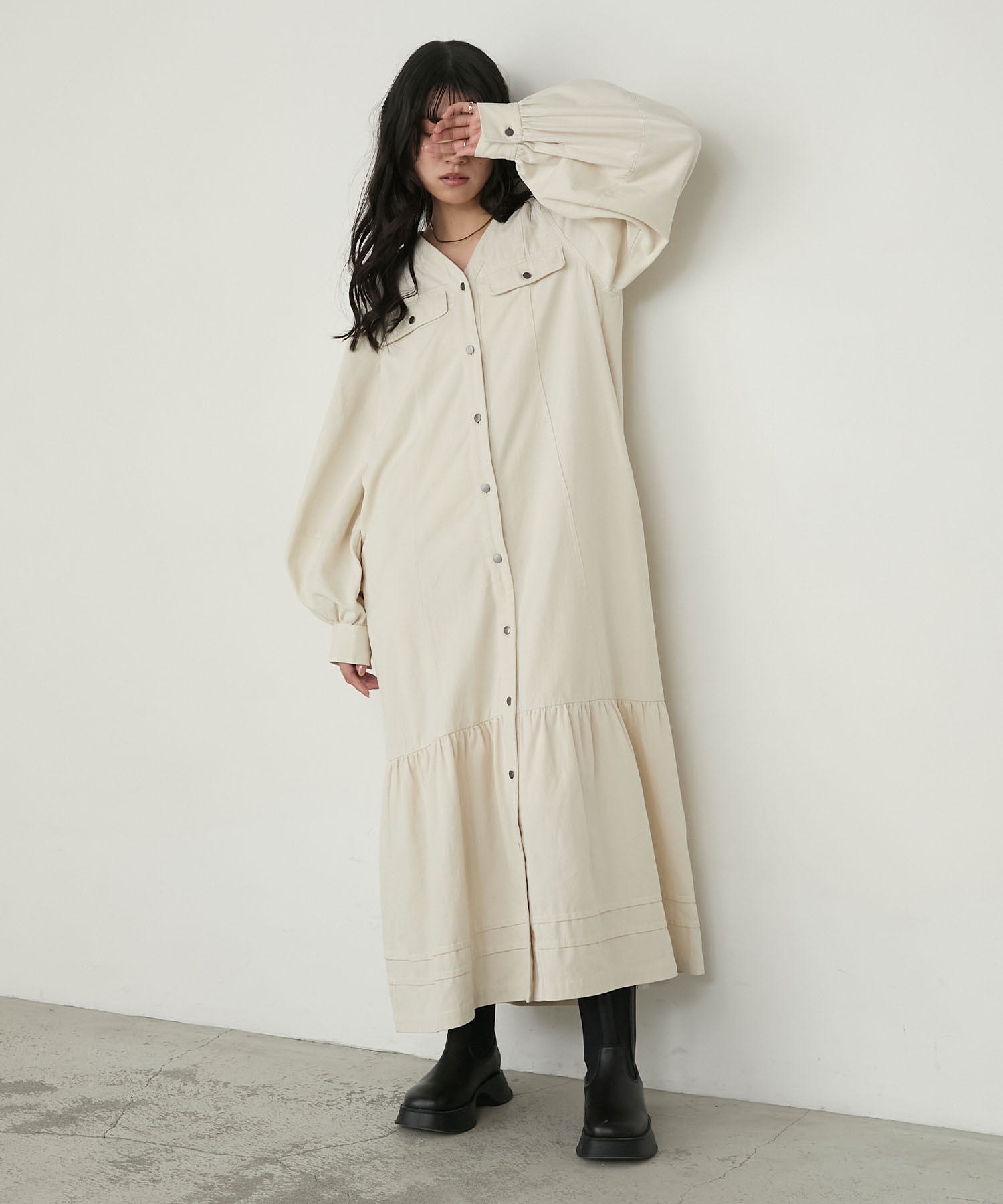 forksy.】ボリュームスリーブVネックティアードデニムワンピース