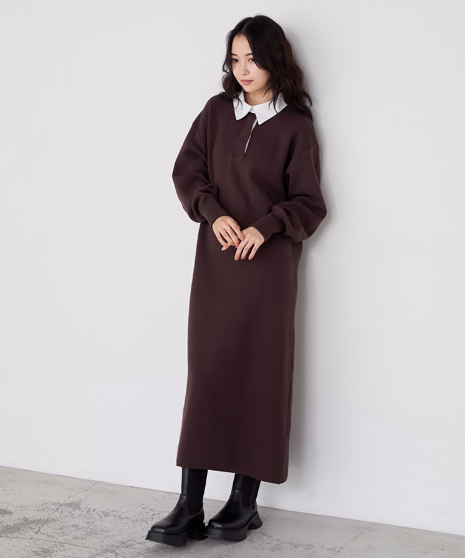 forksy.】バイカラー衿付きスウェットライクニットワンピース