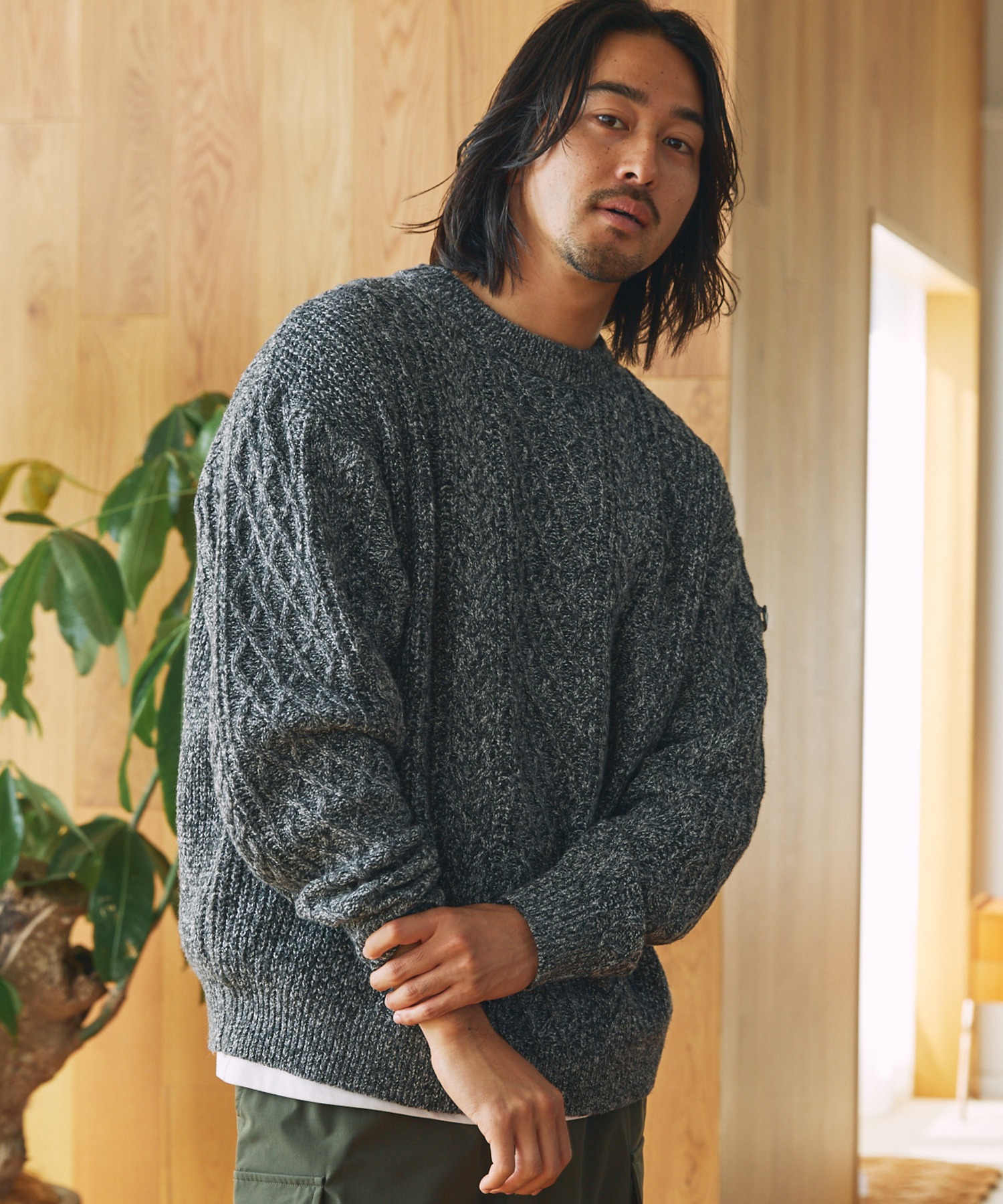 ウォッシャブル ケーブルニット クルーネックプルオーバー / 帯電防止