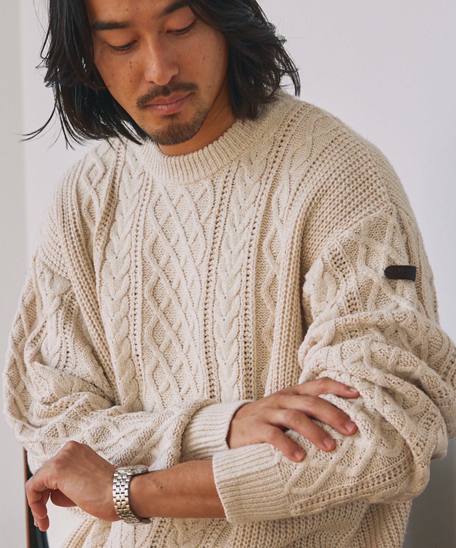 ウォッシャブル ケーブルニット クルーネックプルオーバー / 帯電防止