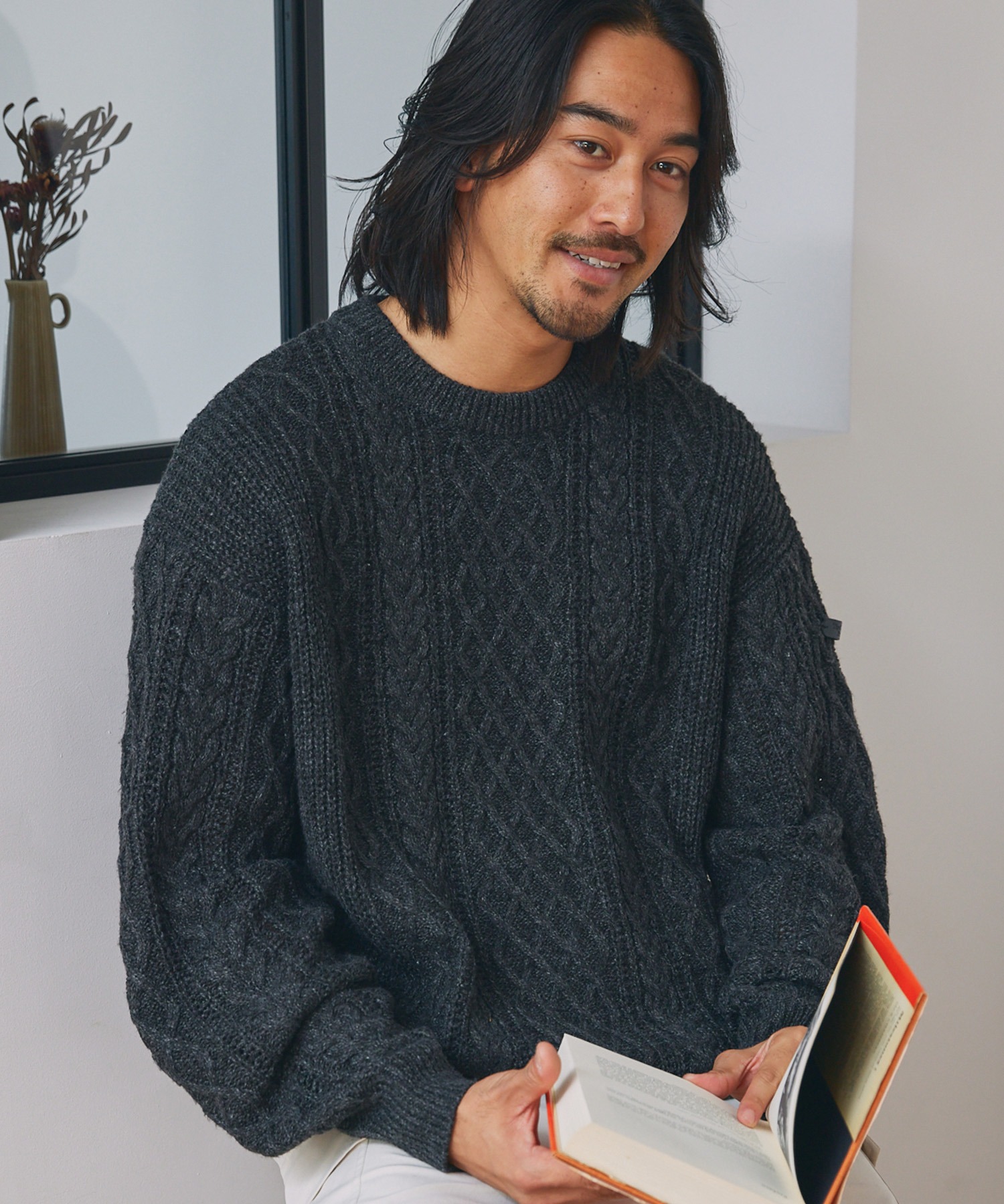 ウォッシャブル ケーブルニット クルーネックプルオーバー / 帯電防止