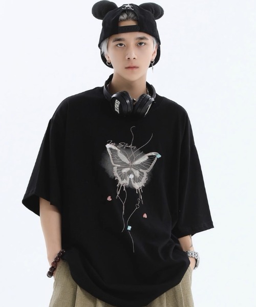 tシャツ A'GEM/9 × .kom 「.KOM/ドットケーオーエム」 サイドギャザー蝶Tシャツ レディース A'GEM/9 × .kom 『.KOM/ドットケーオーエム』 サイドギャザー蝶T