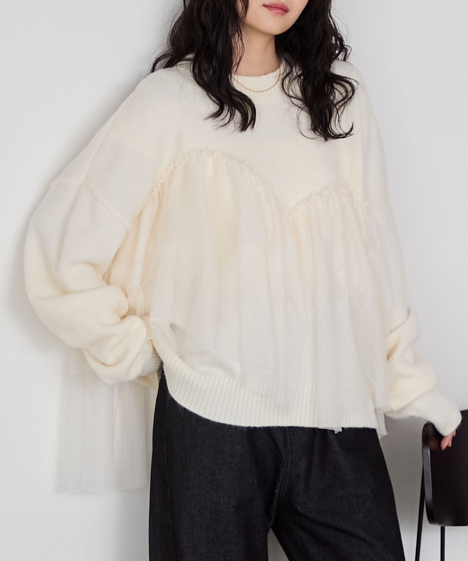 forksy.】ビスチェ風チュールドッキングボトルネックニットトップス