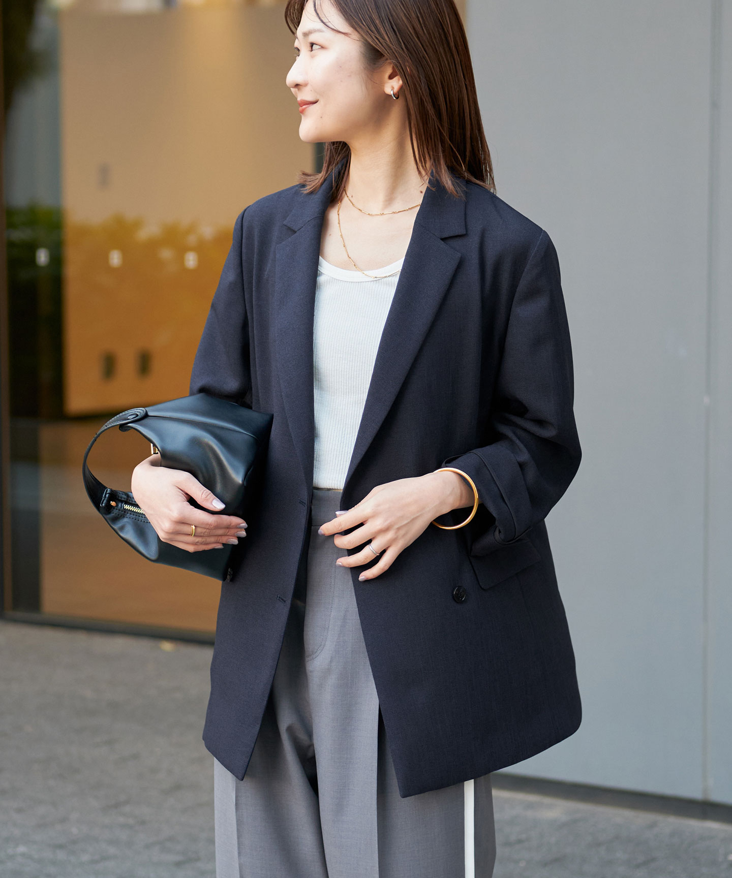 追加》リネンライクダブルブレストジャケット