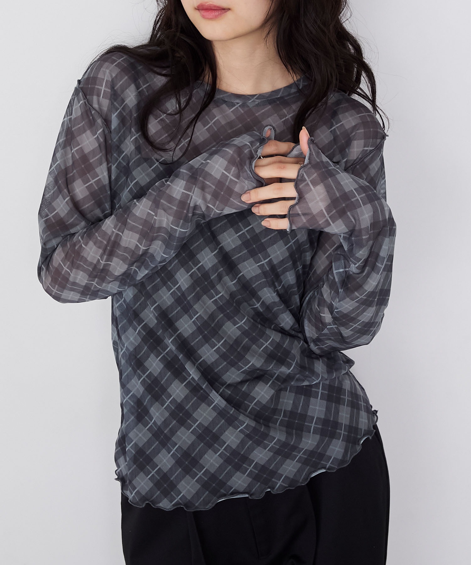 【forksy.】バイアスチェックシアーメロー長袖トップス