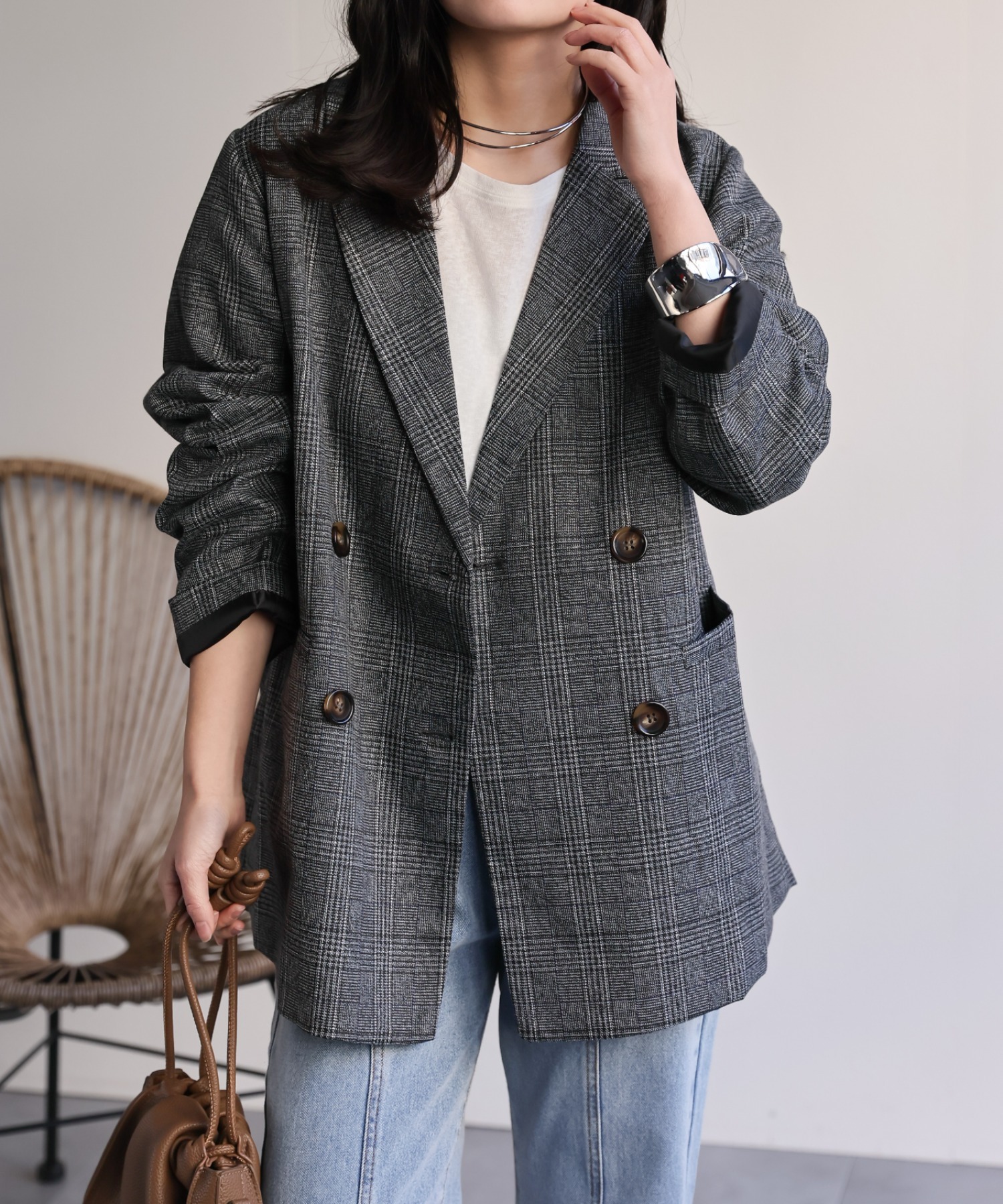 model：156cm 着用サイズ：FREE
※マーブルボタン