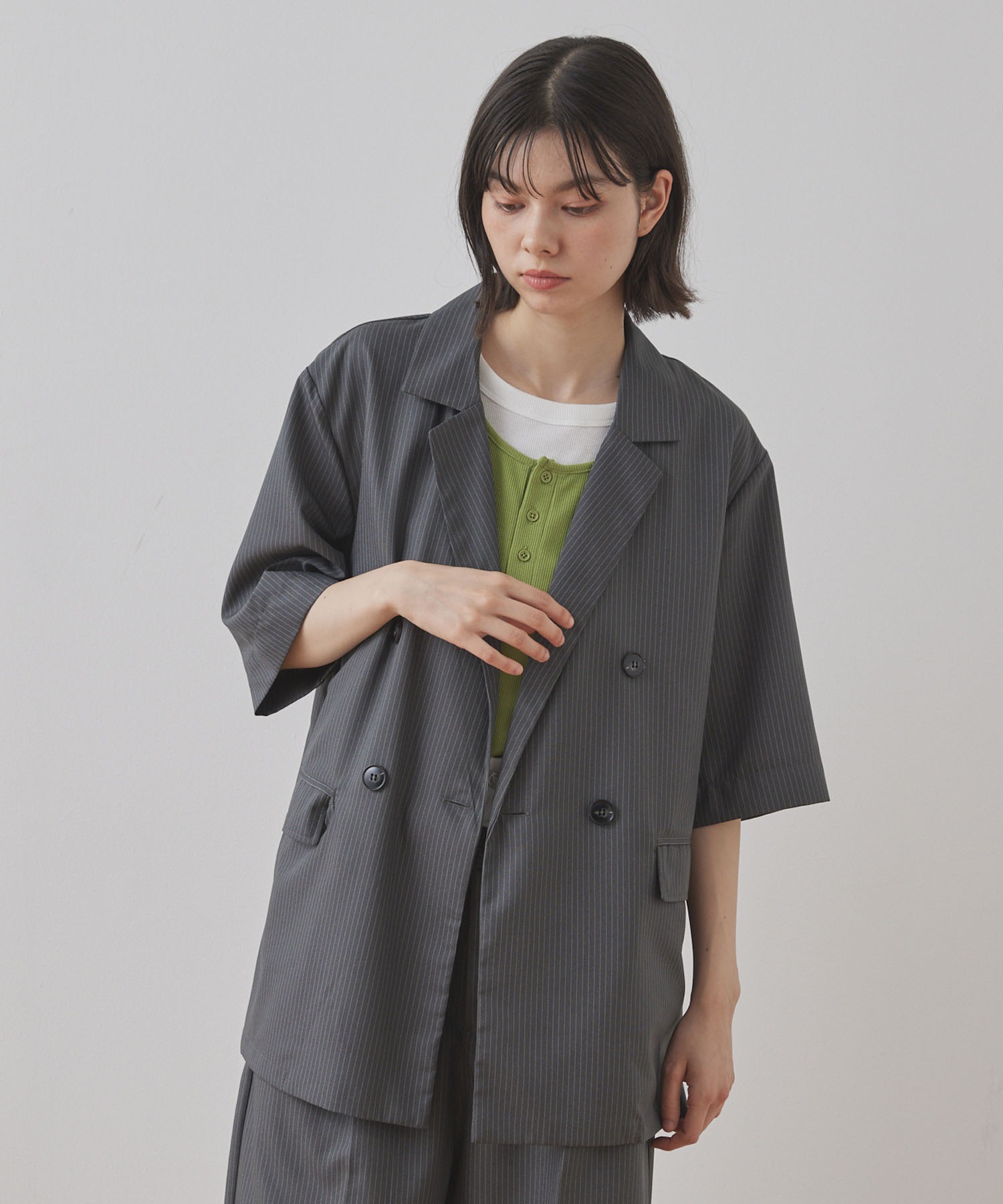 新品タグ付き 定価4万 2点　アンタイトル ストライプパンツスーツセットアップ Unblend】セットアップ対応 / ピンストライプ 半袖 ダブル