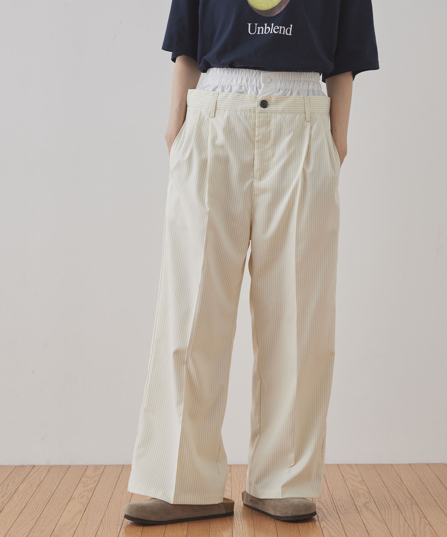 24ss OUTIL アシンメトリー トラウザー ワンタック ツータック パンツ Unblend】セットアップ対応 / ピンストライプ ダブルウエスト