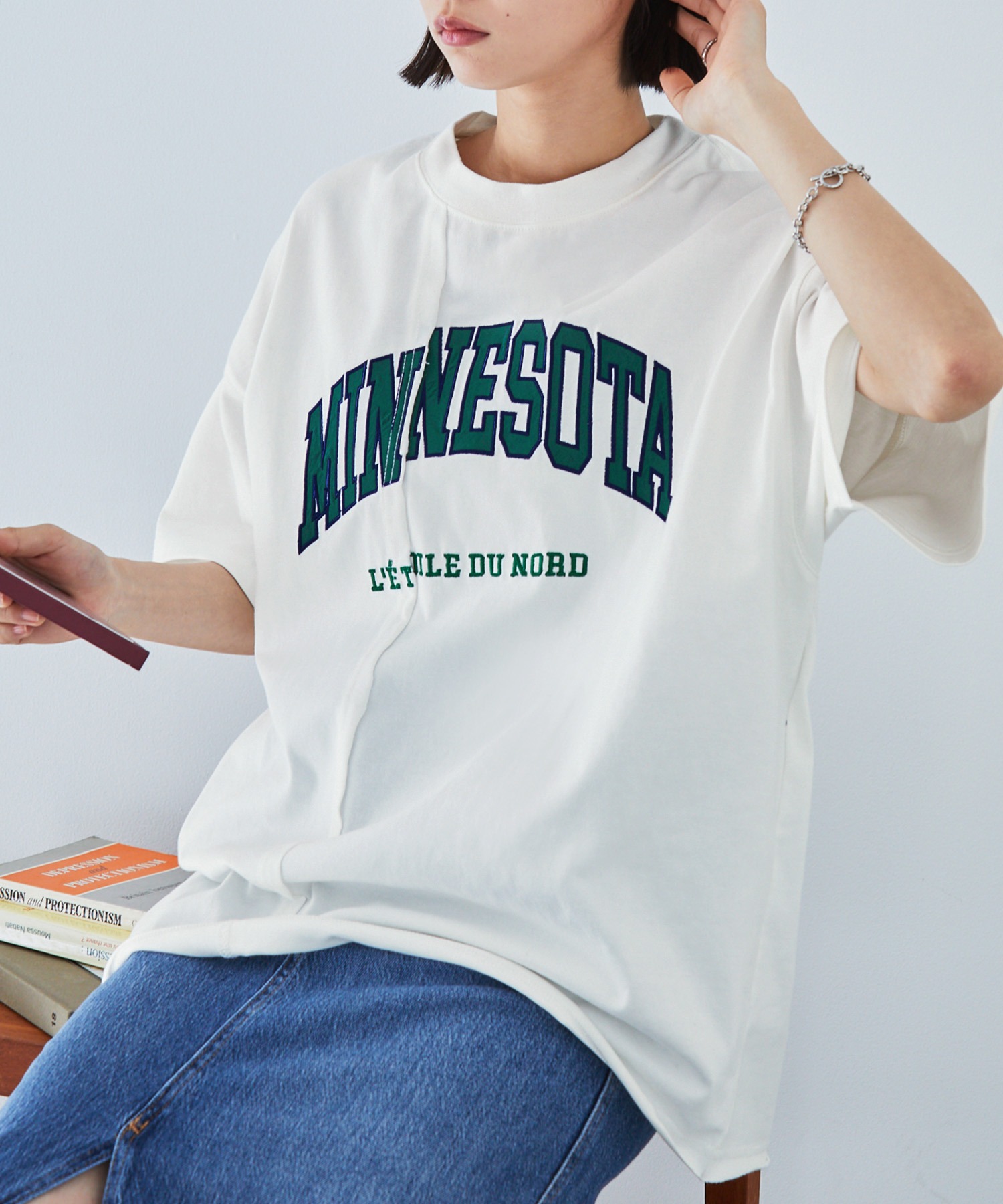 tシャツ リメイクライクカレッジ（半袖） レディース リメイクライク カレッジロゴ刺繍スイッチング半袖Tシャツ MONO