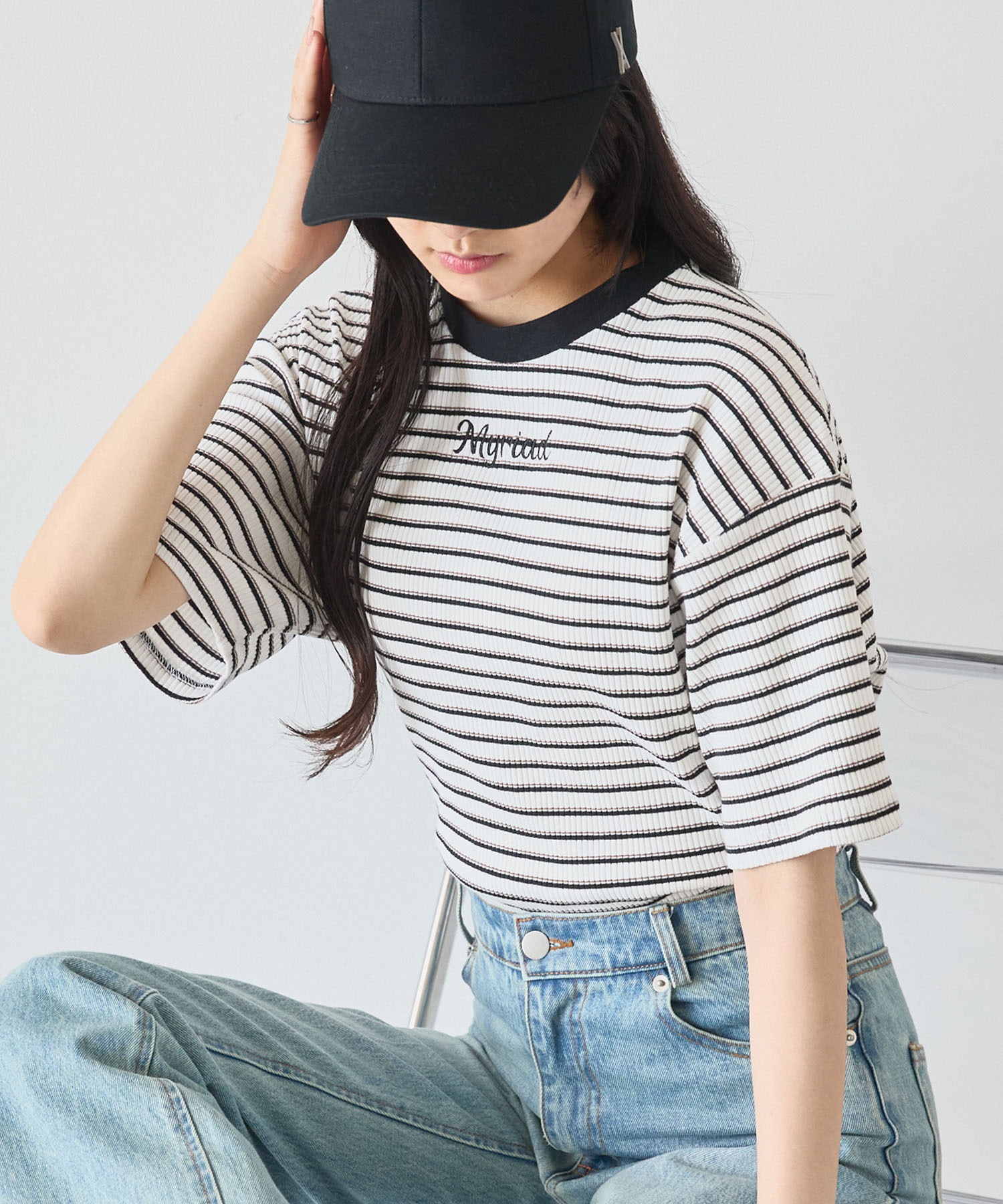 tシャツ ワンポイント刺繍ボーダーTシャツ レディース MONO-MART tシャツ ワンポイント刺繍マルチボーダーショート丈
