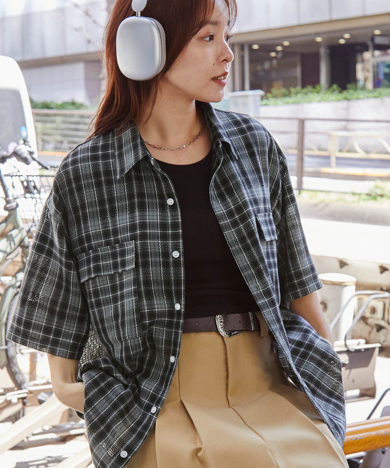【ブルー】メッシュオンブレチェックプリント / 半袖レギュラーカラーシャツ improves（インプローブス） シャツ 半袖 オンブレ チェックシャツ