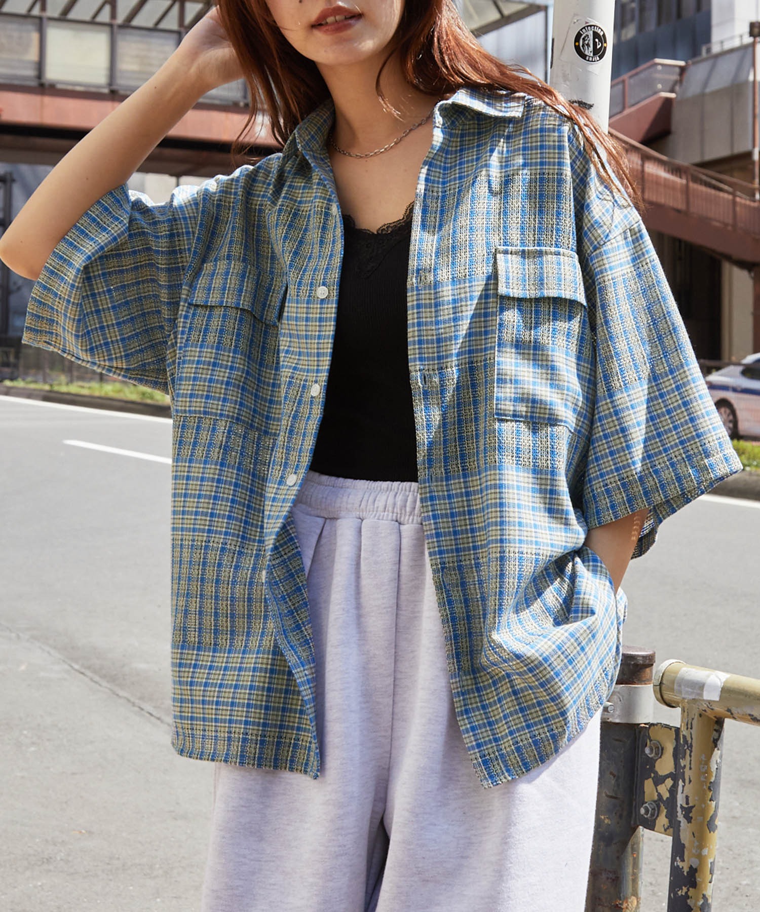 配色メッシュ レギュラーカラーチェック半袖シャツ MONO-MART│MONO