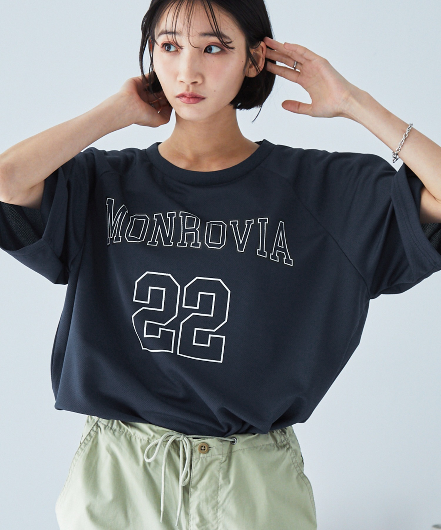 ナンバリングプリントラグランメッシュ半袖クルーネックTシャツ