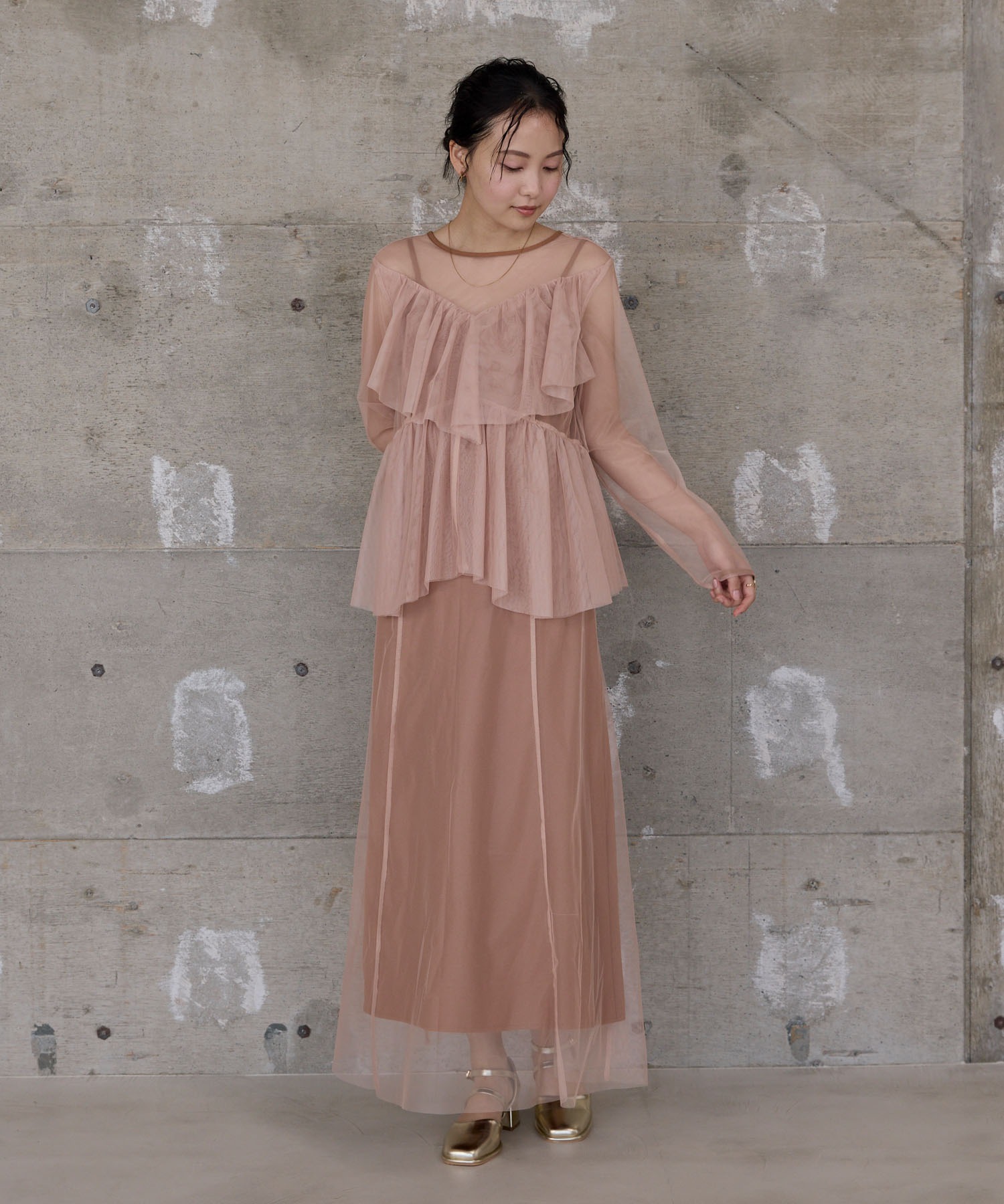 【美品】エムズグレイシー ティアードフリルワンピースドレス 紺 長袖ブローチ付 美品】エムズグレイシー ティアードフリルワンピースドレス 紺