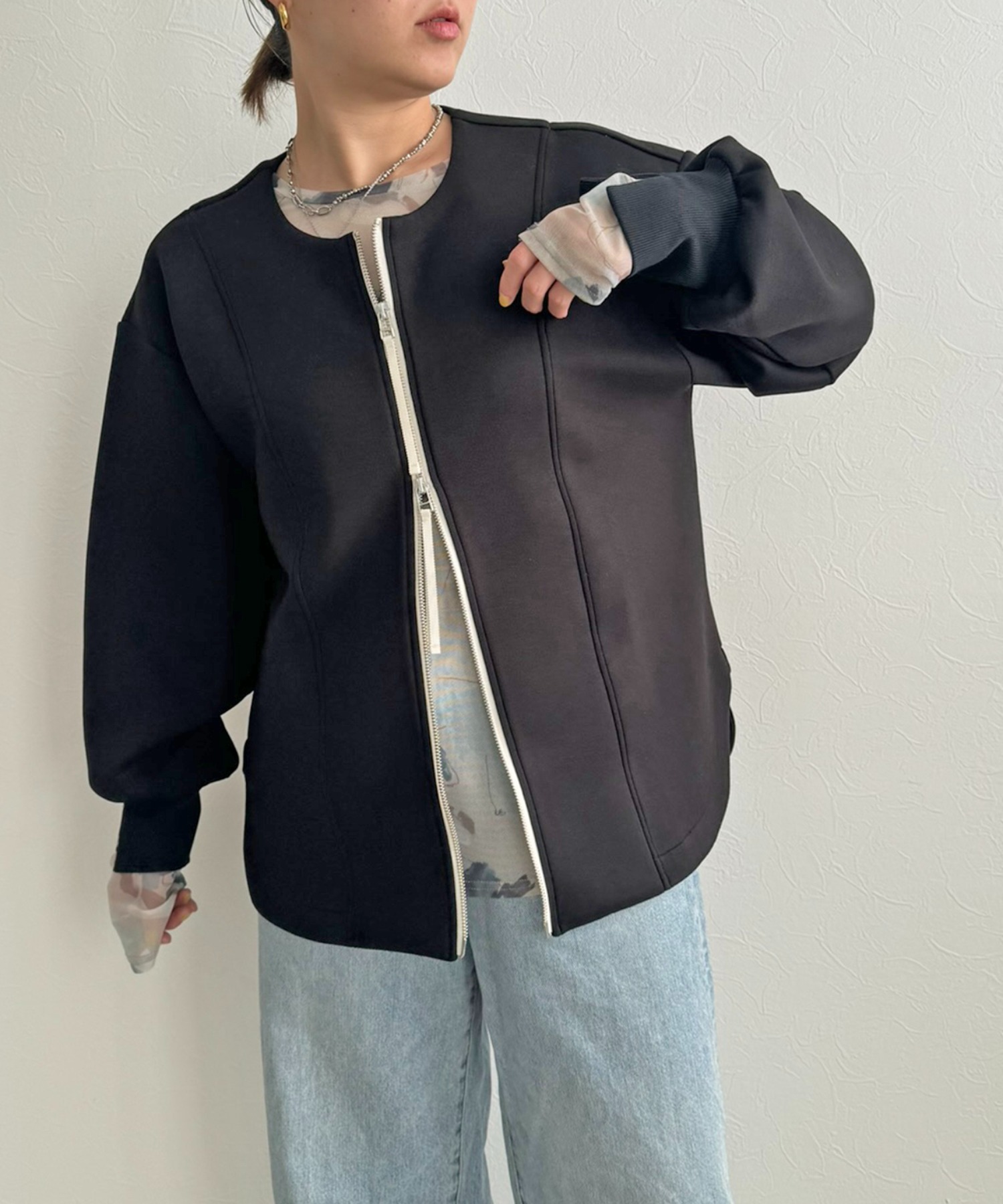 ルネ カーディガン フラワービジュー パール ダブルジップ ジャケット 黒 M ルネ カーディガン フラワービジュー パール ダブルジップ ジャケット