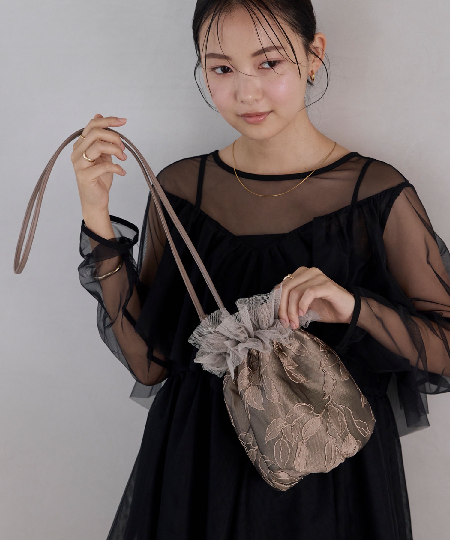 バッグ mono forksy.】【オケージョン対応】花柄ジャガードチュール2way巾着