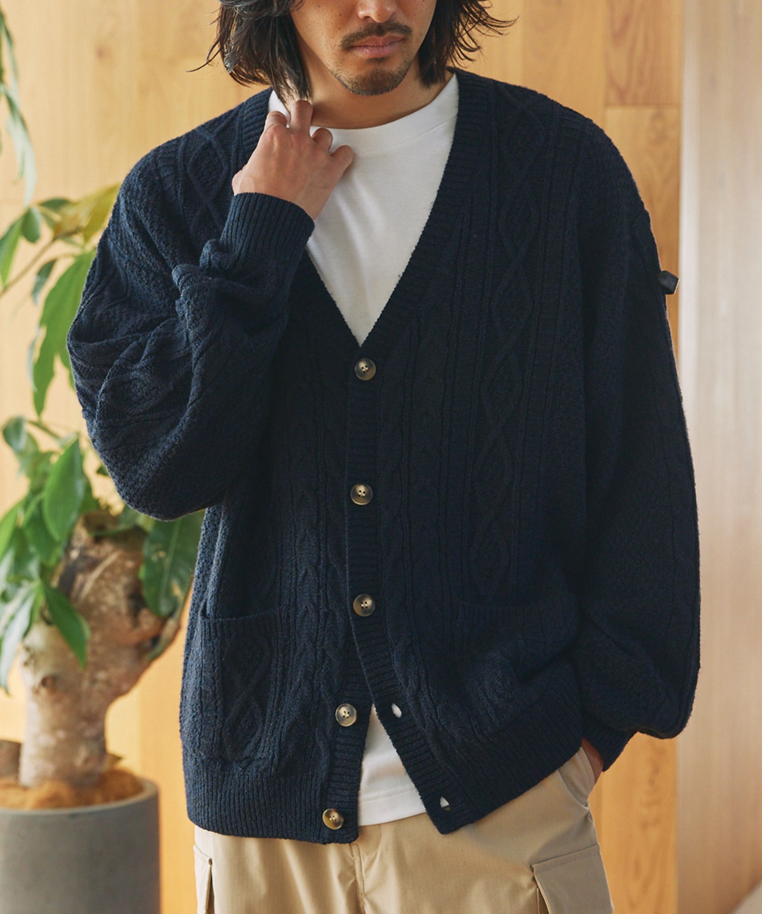 ウォッシャブル ケーブルニット Vネックカーディガン / 帯電防止