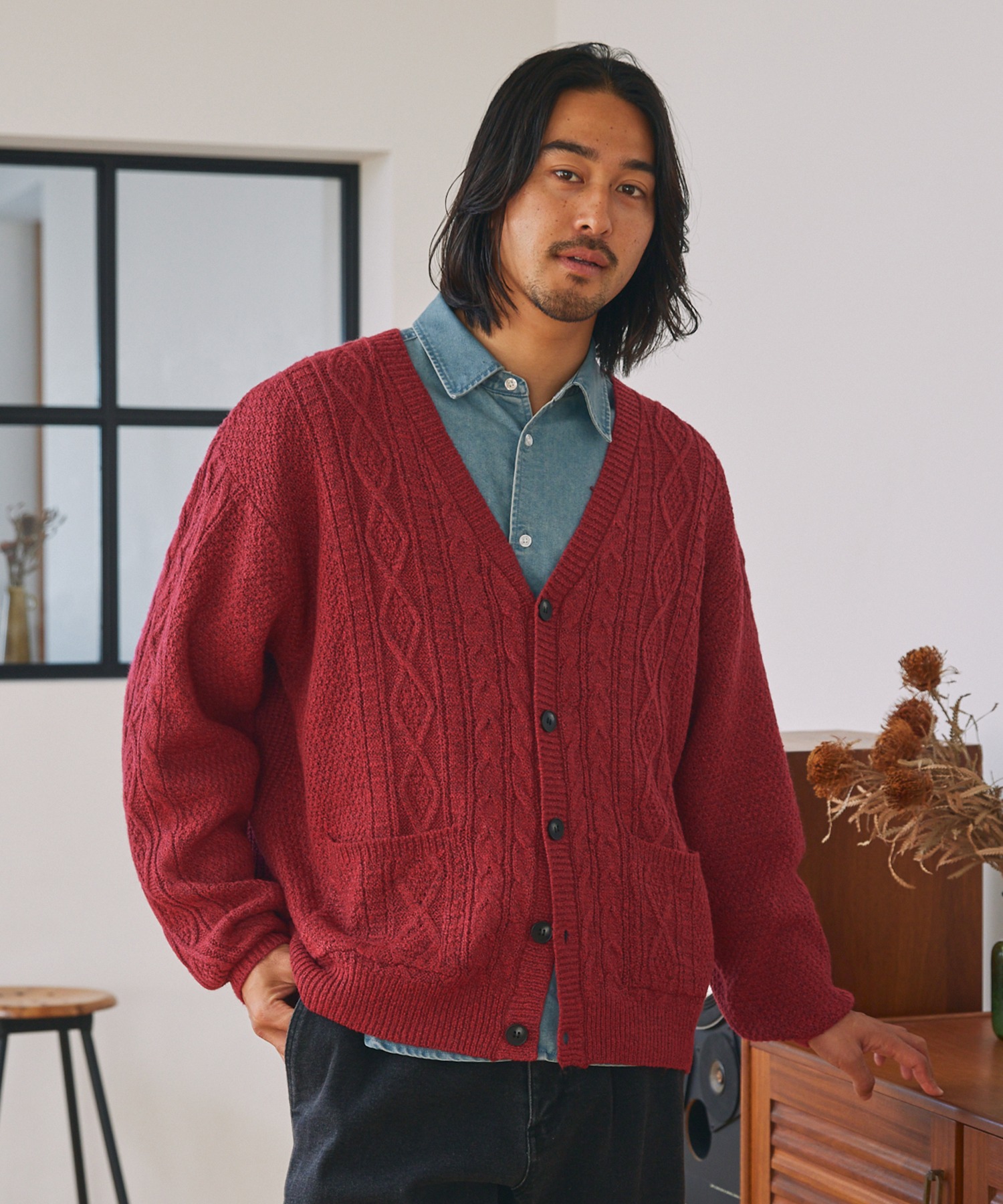 ウォッシャブル ケーブルニット Vネックカーディガン / 帯電防止