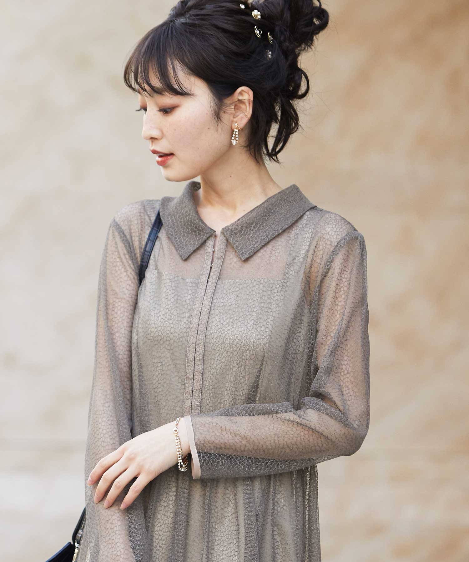 シアー幾何学チュール襟付きワンピース New Arrival