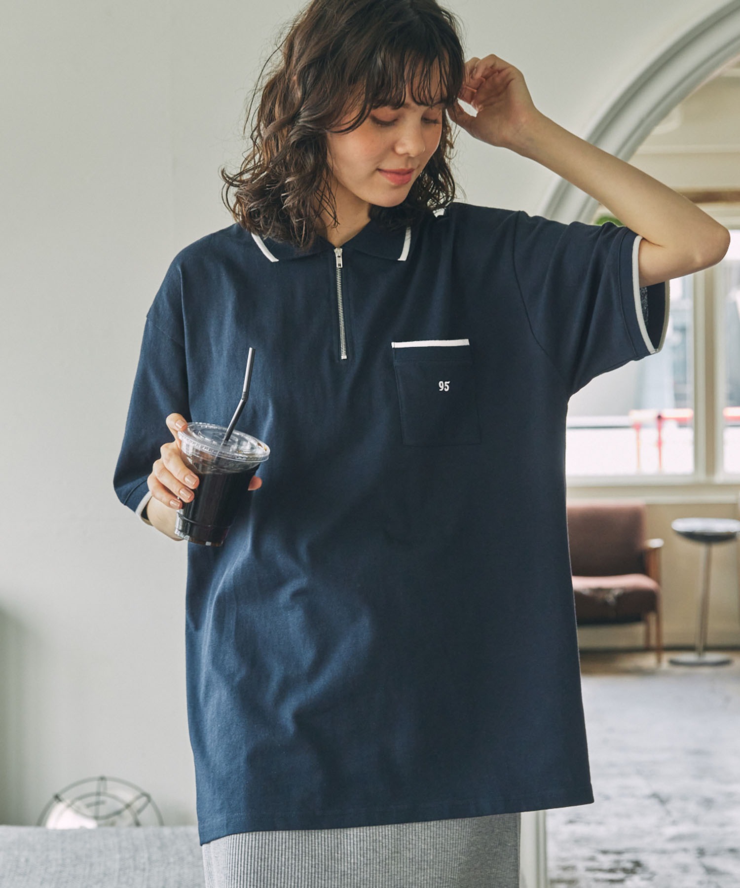 ナンバリング刺繍 配色ライン ハーフジップ ポロシャツ MONO-MART