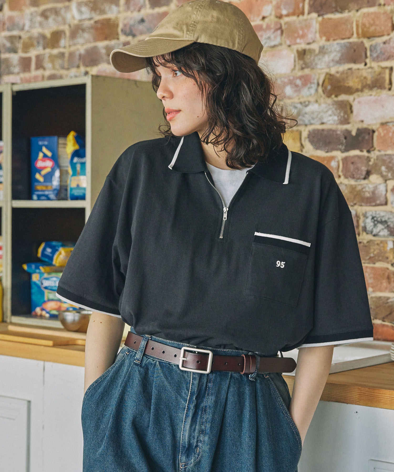 ナンバリング刺繍 配色ライン ハーフジップ ポロシャツ MONO-MART